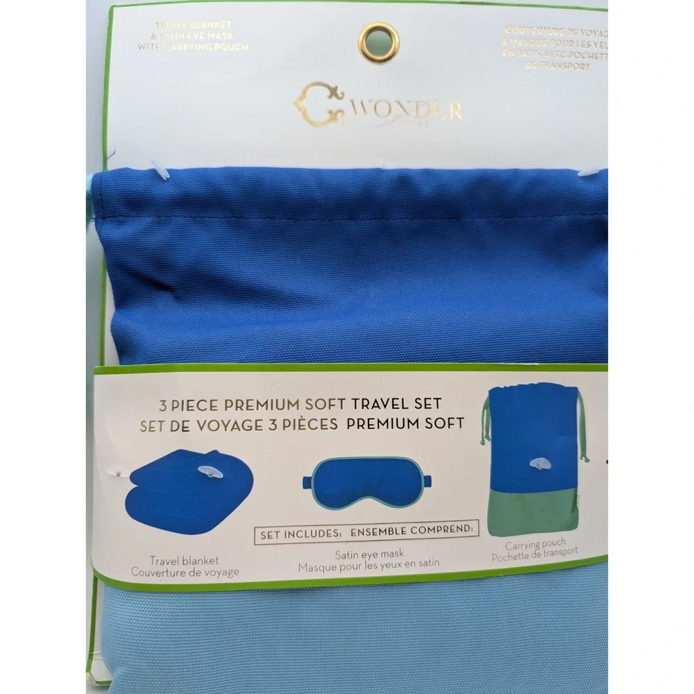 WONDER LIMITED Limited 3 Piece Travel Set Bag Blanket Satin Eye Mask, New‎